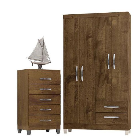 Guarda Roupa Solteiro Módena 4 Portas e Cômoda Cannes 5 Gavetas Malbec - Incorplac