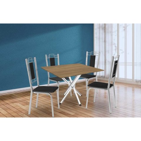 Conjunto: Mesa Sala Jantar Volga C/ Tampo de Madeira 90cm e 4 Cadeiras Lisboa Cromado/nogueira -