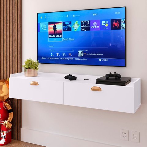 Rack Suspenso 1.20 Home Decor Tv 42" Bancada Flutuante 2 Porta Puxador Concha Sala Quarto Branco