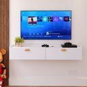 Ver imagem 2 de Rack Suspenso 1.20 Home Decor Tv 42" Bancada Flutuante 2 Porta Puxador Concha Sala Quarto Branco
