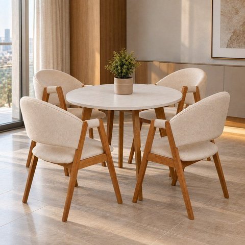Conjunto Mesa Leda 90cm Compacta & 4 Cadeiras Ergonômicas Design Moderno em Linho