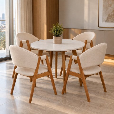 Conjunto Mesa Leda 90cm Compacta & 4 Cadeiras Ergonômicas Design Moderno em Linho