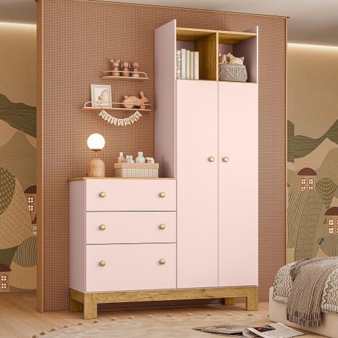 Guarda Roupa Infantil Flora com Comoda Rosa Acetinado - Qmovi