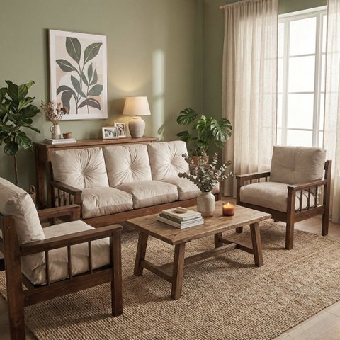 Sofá 3 Lugares + 2 Poltronas Madeira Maciça Veludo Sala