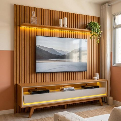 Rack com Painel para TV até 90 Polegadas 100% MDF com LED, Gavetas e Pés em Madeira Maciça 229x250cm