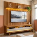 Ver imagem 1 de Rack com Painel para TV até 90 Polegadas 100% MDF com LED, Gavetas e Pés em Madeira Maciça 229x250cm