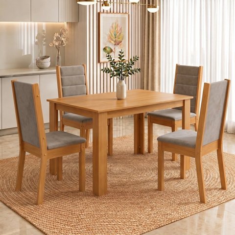 Conjunto Sala de Jantar Mesa Juliana 110cm Tampo MDP Canto Reto 4 Cadeiras Evelin