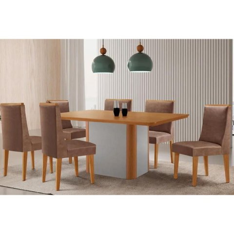Conjunto: Mesa de Cozinha Pietá Tampo Curvo 180cm+6 Cadeiras Dakota Madeira Naturale/Off White -