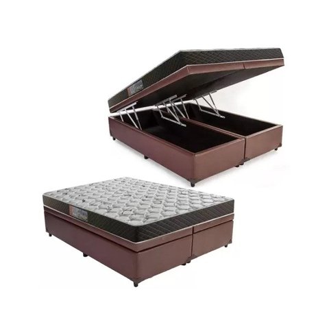 Cama Box Baú Queen Colchão Mola Ensacada Belos Sonhos + Box Sintético 71x158x198 Marrom