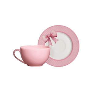 Conjunto com 6 Xícaras de Chá com Pires Laços de Páscoa Rosa 250ml