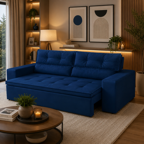 Sofá Retrátil 2 Lugares com Molas 1,50m Vera Suede Azul