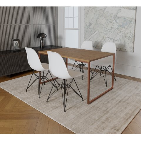 Mesa Industrial Base Ferro Cobre Tampo 137x90 Amendoa 4 Cadeiras Eames Ferro Preto Assento Branco