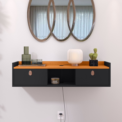 Aparador Suspenso 2 Gavetas Organizador Decorativo Quarto 0,90 Vegas - Preto / Cinamomo