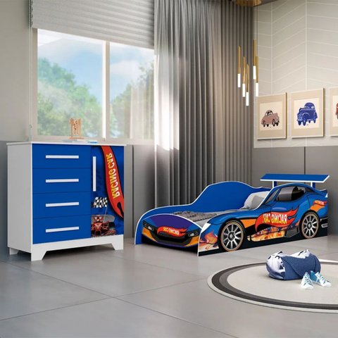 Kit Quarto Infantil Cama Colchão D20 Cômoda Meninos Carro:azul
