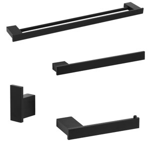 Kit 4 Acessórios de Banheiro Preto Toalheiro Duplo F.master