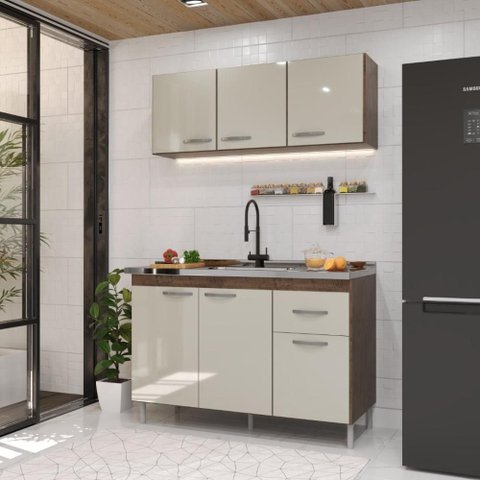 Cozinha Modulada Compacta 2 Peças Suiça 6 Portas 1 Gaveta MDF-MDP Creme Fidelita Móveis