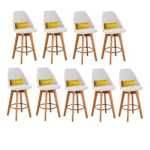 Kit 09 Banquetas Com Encosto Linho Bege E Almofada Amarelo