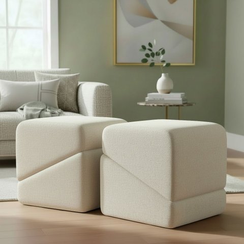 Kit 2 Puffs Sense Bouclé Premium Assento Extra Decorativo para Sala Quarto Design Moderno Bege