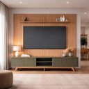 Ver imagem 1 de Conjunto Painel Ripado 250cm TV até 85 Polegadas e Rack 220cm 4 Portas Pés Madeira Maciça Yescasa