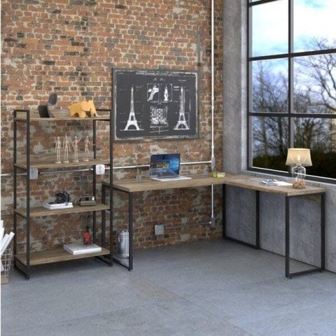 Escrivaninha Mesa Escritório em L com Estante Multiuso Kuadra 4 Prateleiras Industrial Preta Marrom