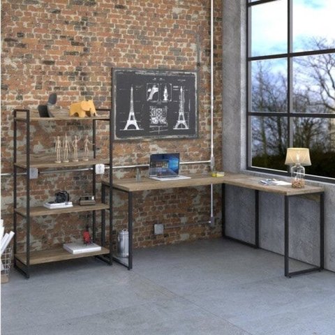 Escrivaninha Mesa Escritório em L com Estante Multiuso Kuadra 4 Prateleiras Industrial Preta