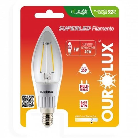 Lampada Led Vela Filamento Fosca Bocal E14 3 Watts Bivolt 6000k Branco Neutro Ourolux