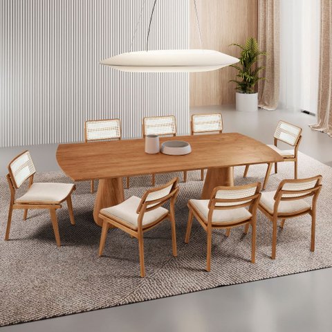 Sala de Jantar Mesa Noronha 220cm Tampo Laminado Canto Barril com 8 Cadeiras Eva Premium