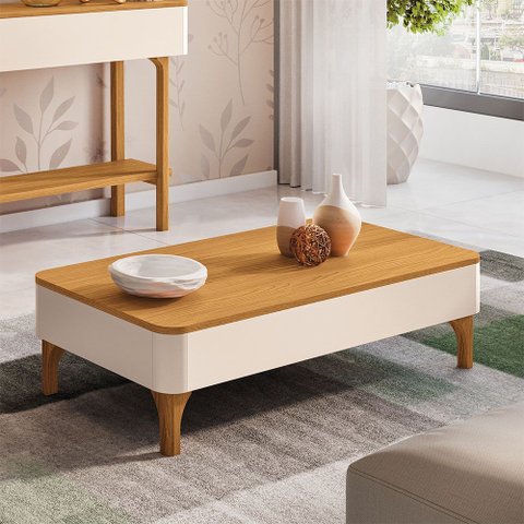 Mesa de Centro para Sala Orgânica Pés Madeira Maciça Ceci B01 Off White Cinamomo - Lyam Decor
