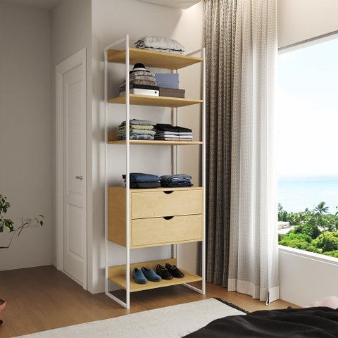 Closet Solteiro Estilo Industrial Loft 1 Módulo com Gaveta Canela Ferro Branco