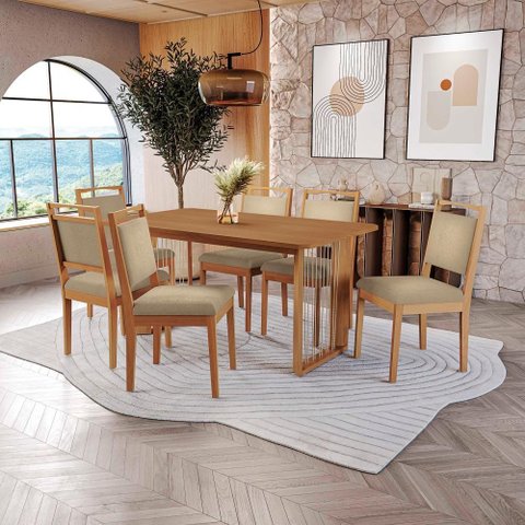 Conjunto Sala de Jantar Lina em Madeira Maciça 6 Cadeiras Boucle Bege