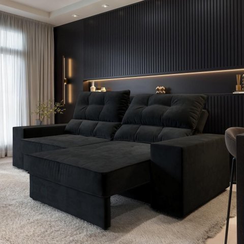 Sofá Larissa 4 Lugares Retrátil e Reclinável 232cm Preto Suede