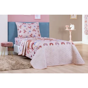 Conjunto de Lencol Solteiro Mundo Kids 200 Fios Dupla Face:unicornio