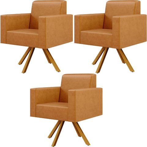 Kit 03 Poltronas Decorativa Base Giratória de Madeira Helô L02 Couríssimo Whisky - Lyam Decor