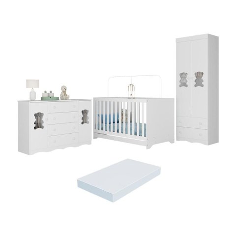 Quarto de Bebê Completo com Berço Americano 3 em 1 Colchão Doçura Multimóveis Mp4674 Branco
