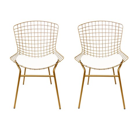 Cadeira para Cozinha Bertoia cor Dourado Fosco assento branco tubular 2 Unidades Poltronas do Sul
