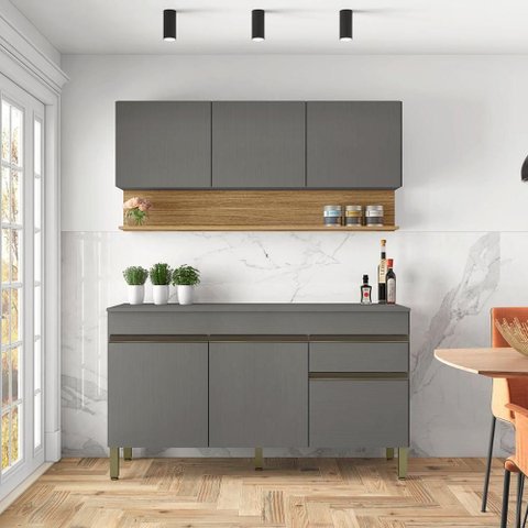 Cozinha Compacta Line 6 Portas 1 Gaveta MDF 150cm Cinza Gris Kit'S Paraná