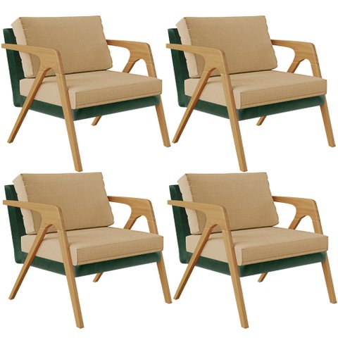 Kit 04 Poltronas Decorativas Sala Estar Pietra L02 Facto Verde Musgo Linho Bege Escuro - Lyam Decor