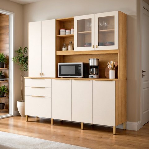 Armário para Cozinha Completa 7 Portas 3 Gavetas Apolo Bege/Cinamomo/Off White