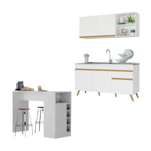 Armário de Cozinha Compacta com Bancada Americana Veneza Multimóveis Mp2200 Branco/dourado