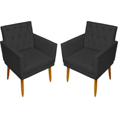 Kit 2 Poltrona Decorativa Cadeira Base Capitonê Suede Preto