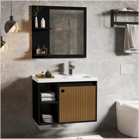 Conjunto Gabinete para Banheiro 60cm com Espelheira e Cuba Adonis Preto Ripado Ofertamo