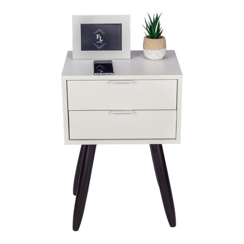 Mesa De Cabeceira Retro OFF WHITE COM 2 GAVETAS DE 40cm Pé MARROM ESCURO ENVIO MONTADA