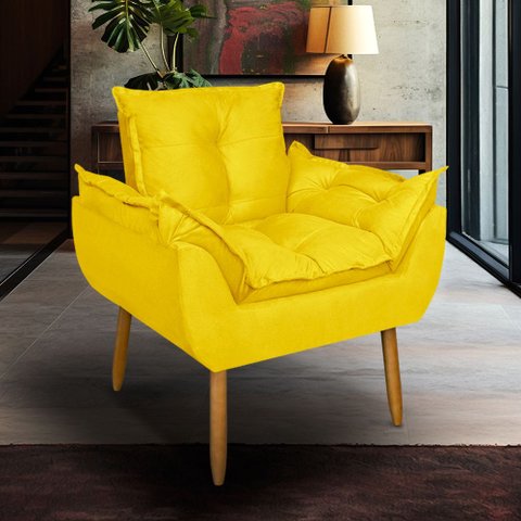 Poltrona Opala para Sala Clínica Salão Pés de Madeira Suede Amarelo