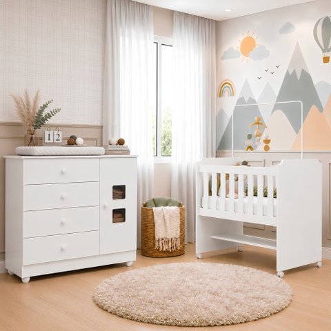 Conjunto Quarto de Bebê 100% MDF Mini Berço com Colchão e Cômoda 1 Porta 4 Gavetas Branco