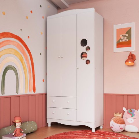 Guarda-Roupa Infantil Encanto Branco 3 Portas 2 Gavetas Completa Móveis