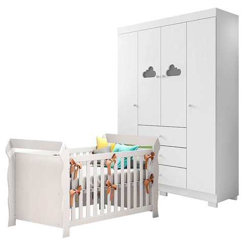 Berço Americano Lara e Guarda Roupa Infantil Ane Branco Brilho – Phoenix Baby