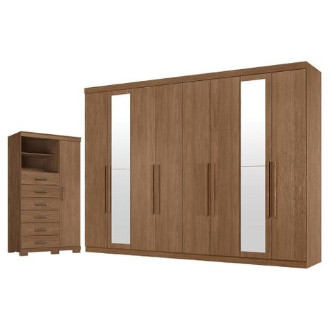 Guarda Roupa Casal 8 Portas 4 Gavetas Master New com Espelho e Cômoda Marabá com Pés Jatobá