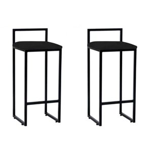 Kit 2 Banquetas Altas Bistô Bar em Aço Preto Assento Preto Corino