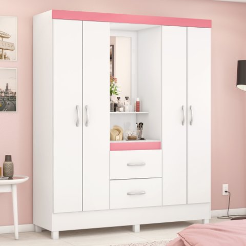 Guarda Roupa 4P Essen Branco/Rosa/Branco