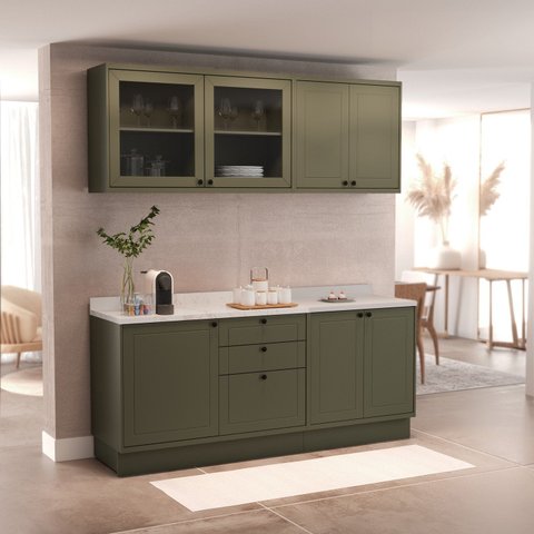 Cozinha Compacta Modulada 7 Portas 3 Gavetas 100% MDF 1 Tampo Sevilha Verde/Hill